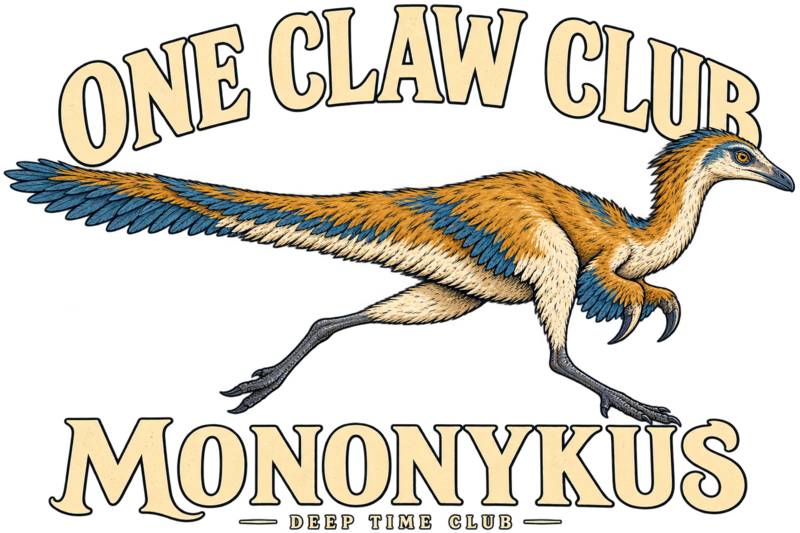Close view of the original One Claw Club Mononykus Tee graphic