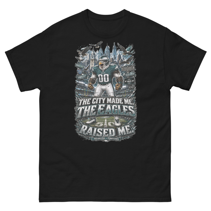The City Made Me. The Eagles Raised Me — Philly Skyline Tee — Black S