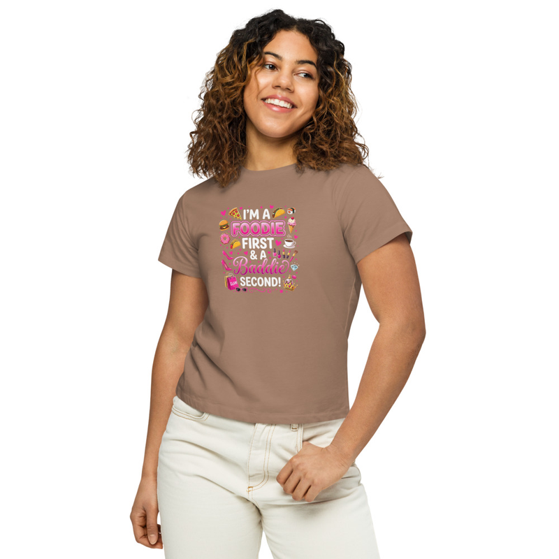 Foodie First Baddie Second Shirt Women | Cute Foodie Tee – S, Latte
