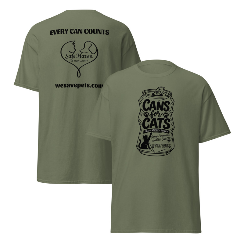 Cans For Cats Unisex T-Shirt – XL, Military Green