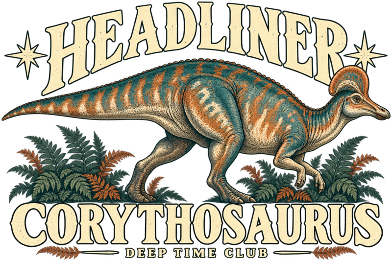 Close view of the original Headliner Corythosaurus Crewneck graphic