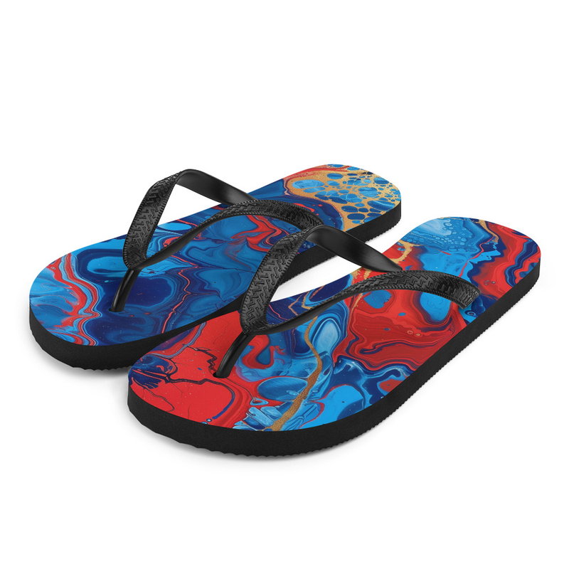 Red Blue & Gold Paint Drip Flip-Flops House or Outdoor Slippers