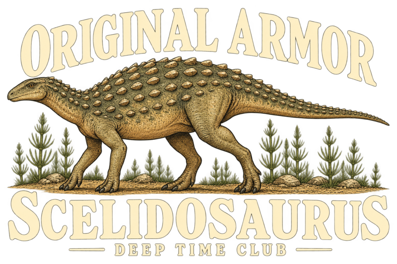 Close view of the original Original Armor Scelidosaurus Crewneck graphic