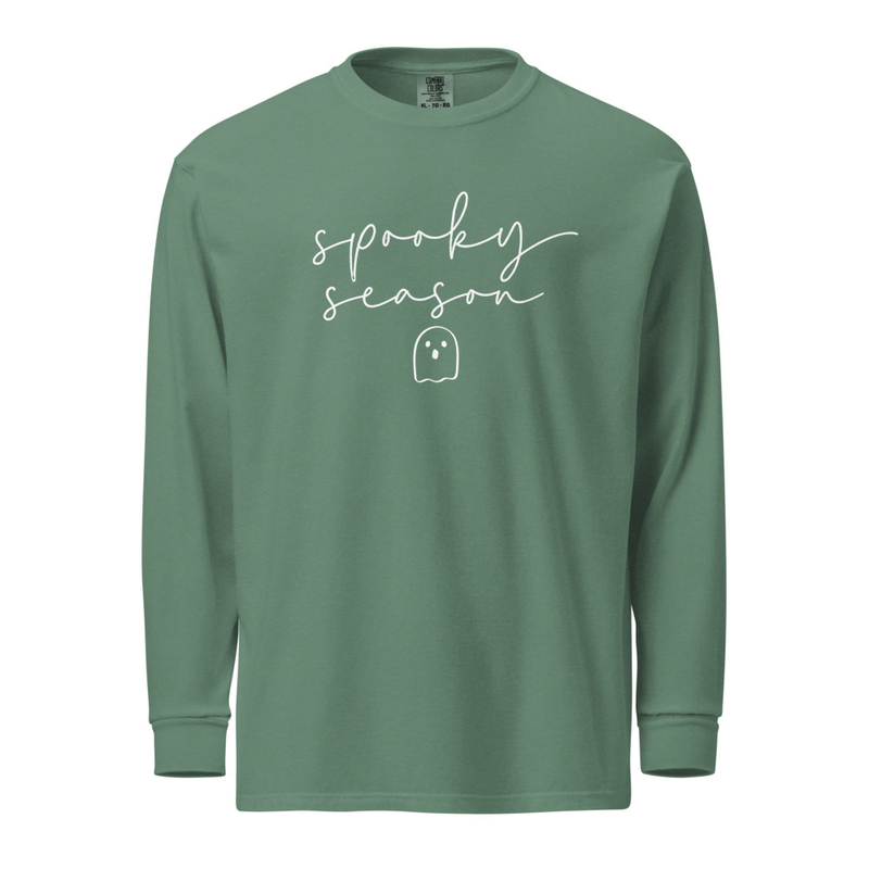 Simple Spooky Ghost Long Sleeve- White Text – XL, Light Green