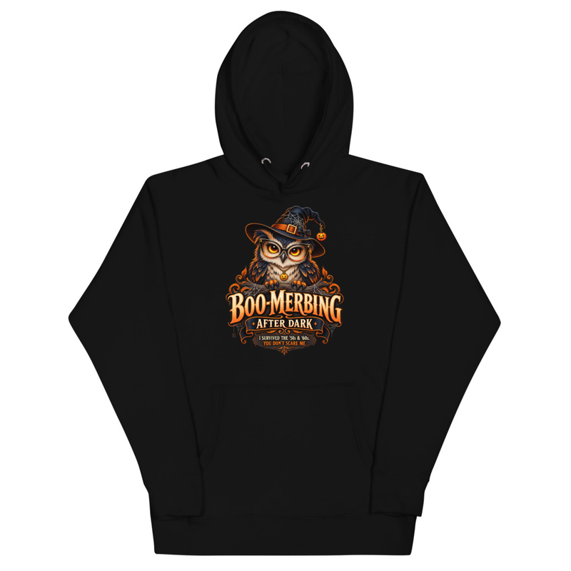 “Spooky Owl” Premium Hoodie — BOOMERBING AFTER DARK™ – S, Black