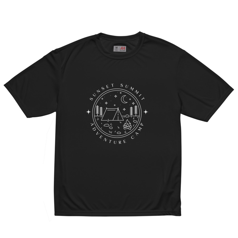 Black performance t-shirt with white "Sunset Summit Adventure Camp" tent and campfire badge