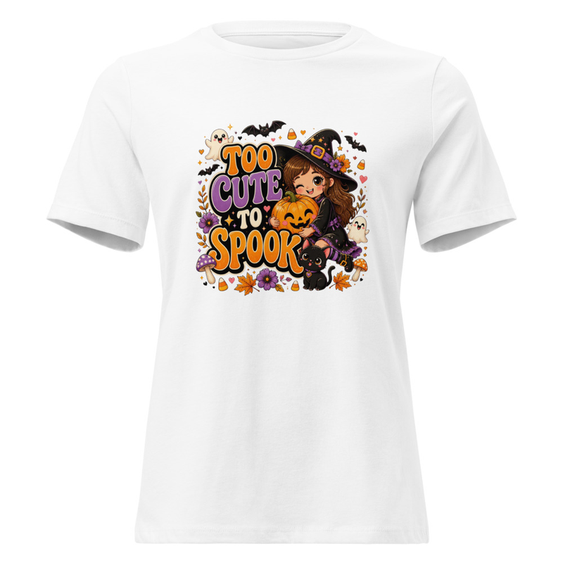 Halloween T-Shirt, Too Cute to Spook Witch Girl Pumpkin Cat Halloween Graphic Tee – view 7