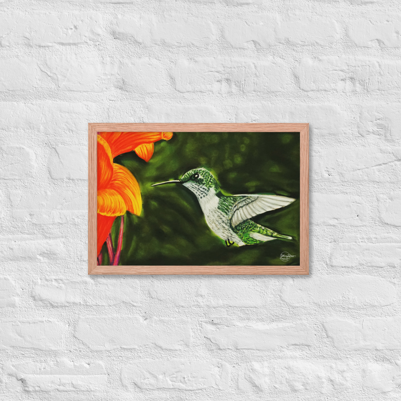 Hummingbird 1 Framed Print – 12″×18″, Red Oak