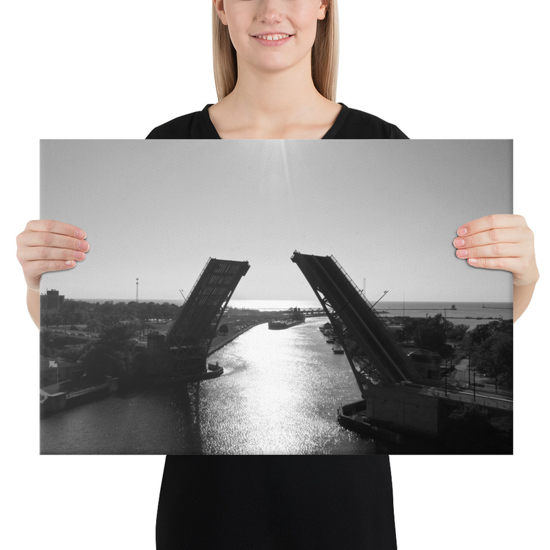 Freighter Arriving at Charles Berry Bascule Bridge in Lorain B&W