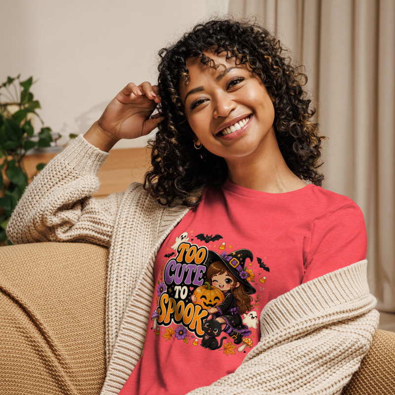 Halloween T-Shirt, Too Cute to Spook Witch Girl Pumpkin Cat Halloween Graphic Tee