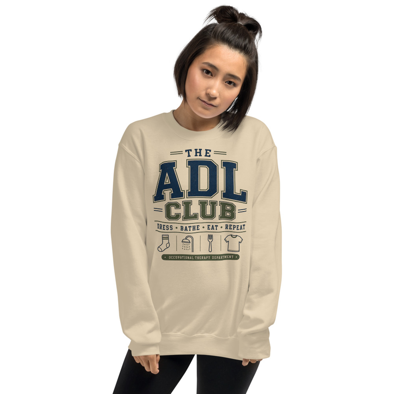 Crewneck: The ADL Club: Dress, Bathe, Eat, Repeat | Occupational Therapy Crewneck Sweatshirt – 3XL, Sand