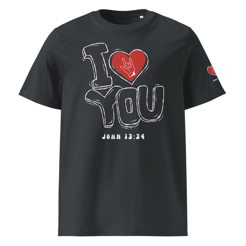 I Love you Unisex organic ribbed neck t-shirt – S, India Ink Grey
