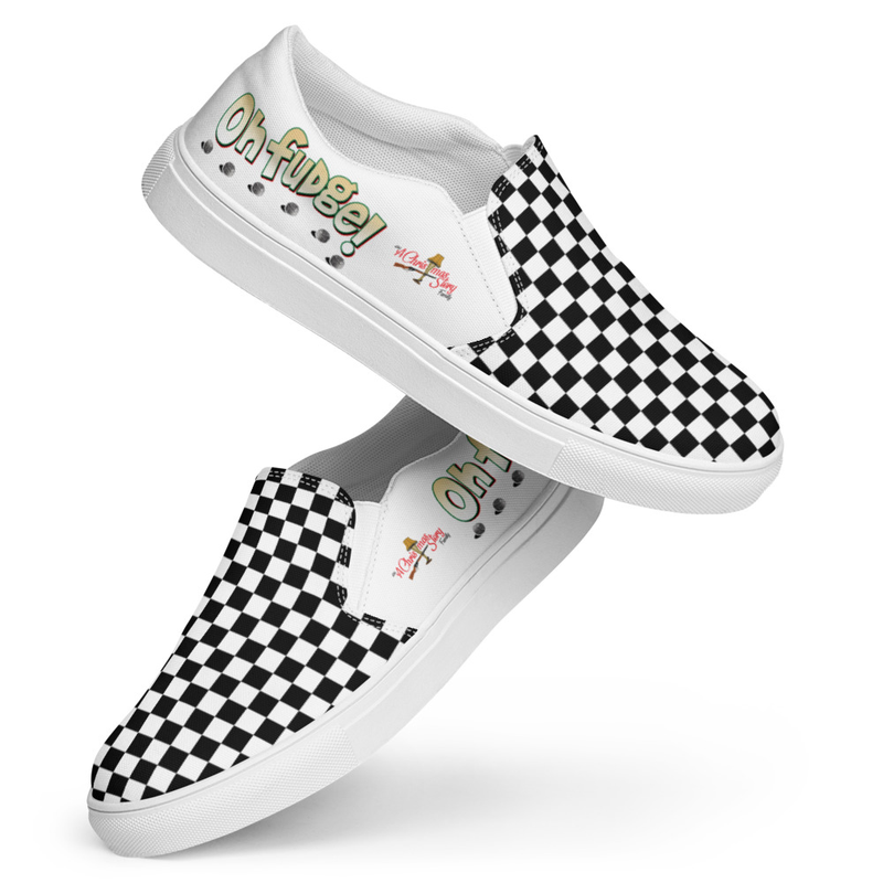 Men’s Classic Black and White Checker Board A Christmas Story Family "Ohhhh Fudge" Slip-on Comfy Canvas Shoes