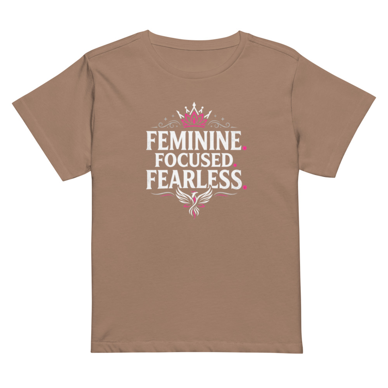 Feminine Focused Fearless Tee | Women Empowerment Shirt | Soft Cotton – S, Latte