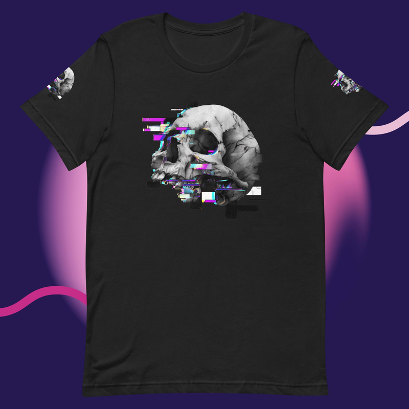 Glitched Skull Tee – Digital Decay Collecti – S, Vintage Black