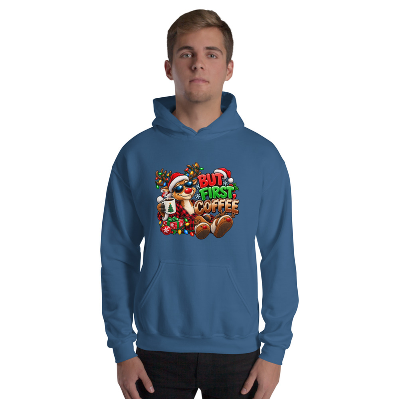 But First Coffee Unisex Hoodie – S, Indigo Blue