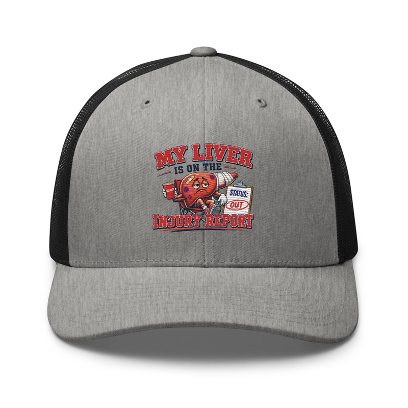 'My Liver is on the Injury Report' Trucker Cap – One size, Heather/ Black