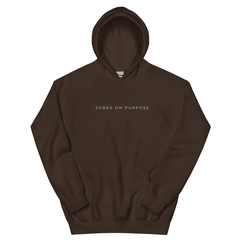 SOBER ON PURPOSE // Unisex Hoodie – S, Dark Chocolate