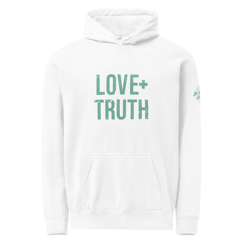 Vintage "Love+Truth" Hoodie | White (Turquoise logo special edition)