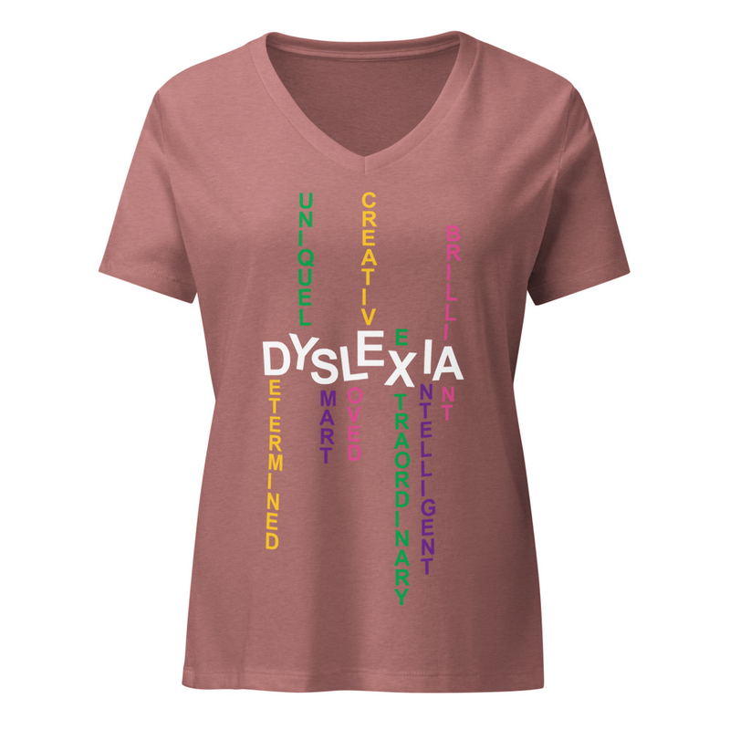 Women’s Relaxed V-neck Shirt with Back Print | Dyslexia v2 – XL, Heather Mauve