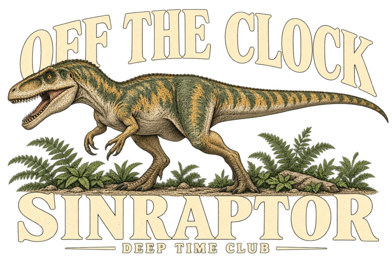Close view of the original Off the Clock Sinraptor Crewneck graphic