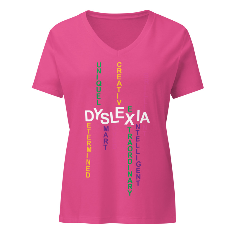 Women’s Relaxed V-neck Shirt with Back Print | Dyslexia v2 – XL, Berry