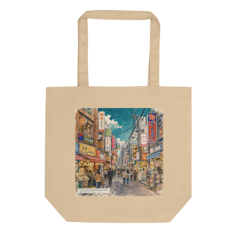 Lively Shin-Okubo Korean Town（賑やかな新大久保コリアンタウン）のトートバッグ