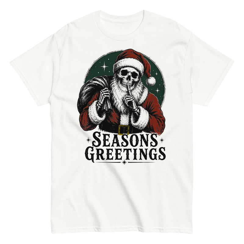 Seasons Greetings Skeleton Santa Shirt – 3XL, White