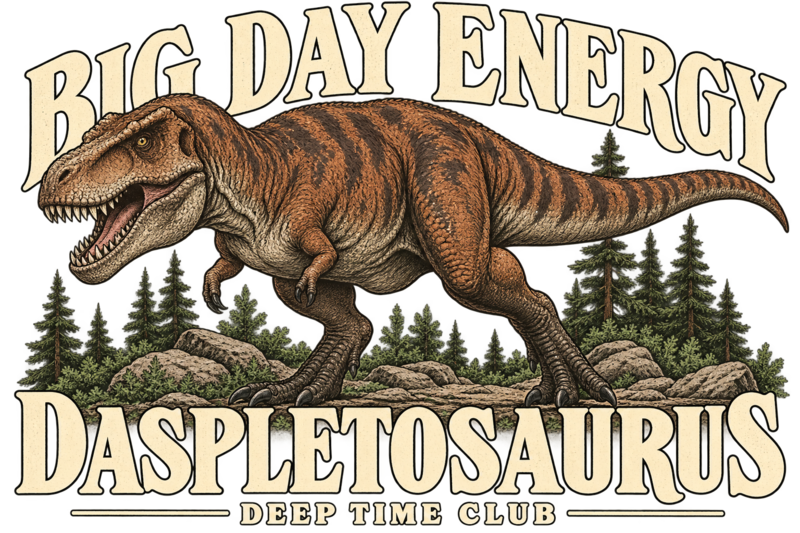 Close view of the original Big Day Energy Daspletosaurus Tee graphic