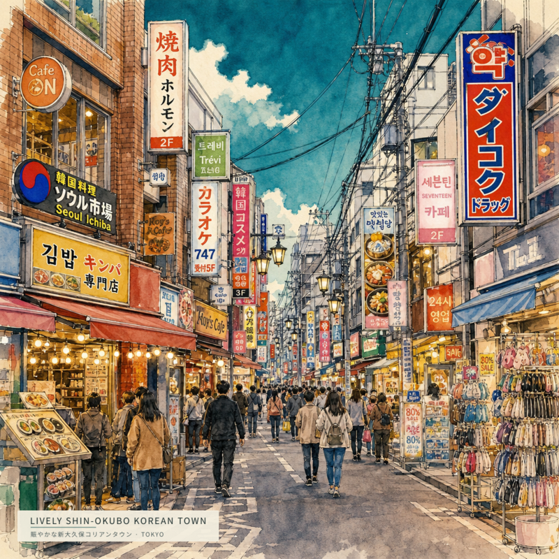 Lively Shin-Okubo Korean Town(賑やかな新大久保コリアンタウン)のアートワーク