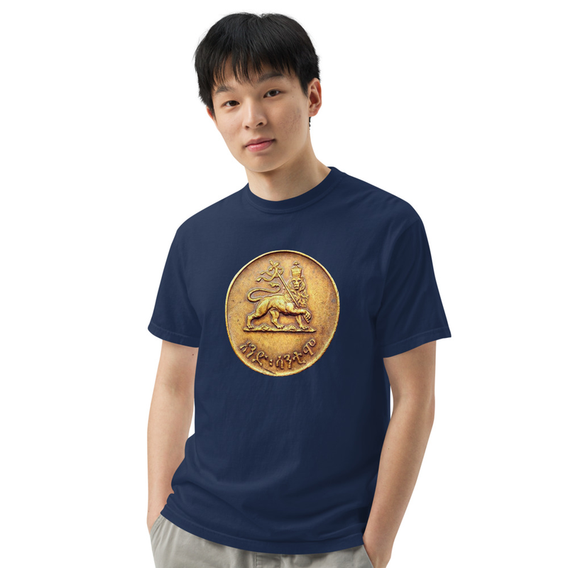 Unisex RTV-HC-0004 Coin: Crowned Lion of Judah bearing the Imperial Processional Cross garment-dyed heavyweight t-shirt – L, True Navy