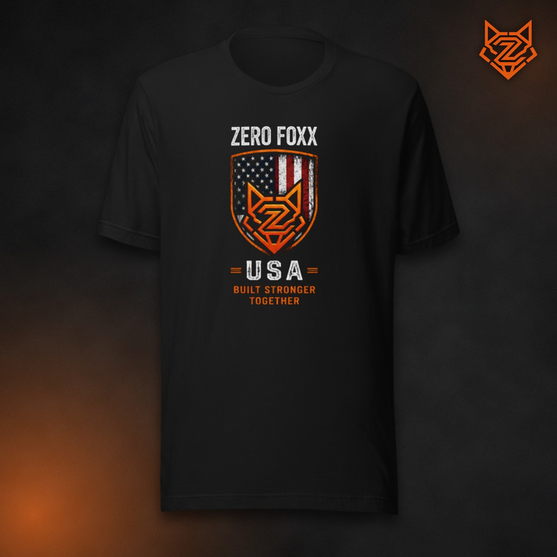 American Flag — Stronger Together Shield | Double-Sided Tee — Front