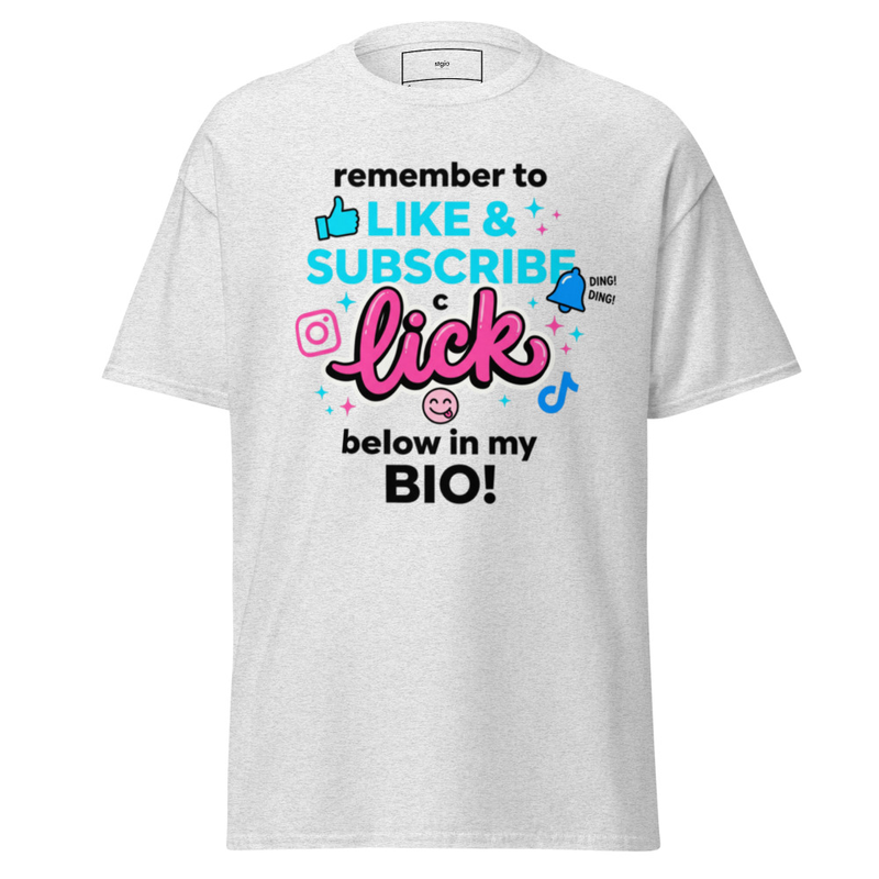 Like Subscribe Lick Bio Shirt | Funny Typo Tee | Content Creator Gift – S, Ash