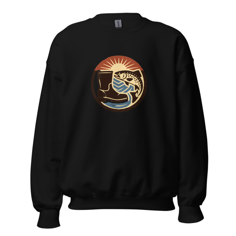 Woodcut First Light Badge Crewneck (Artist Series) — Fly Fishing merch