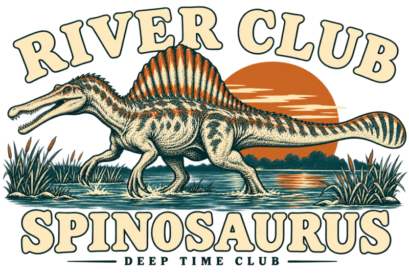 Close view of the original River Club Spinosaurus Tee graphic