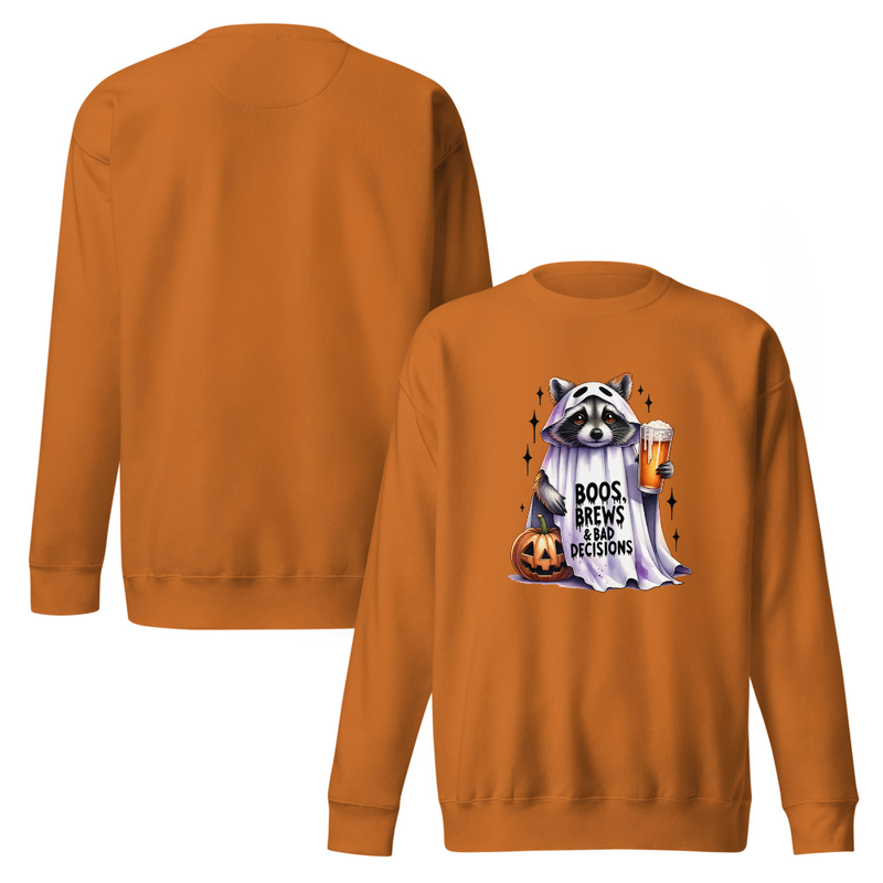 Funny Halloween Raccoon Unisex Premium Sweatshirt Design, Boos Brews and Bad Decisions Ghost Costume Graphic – view 4