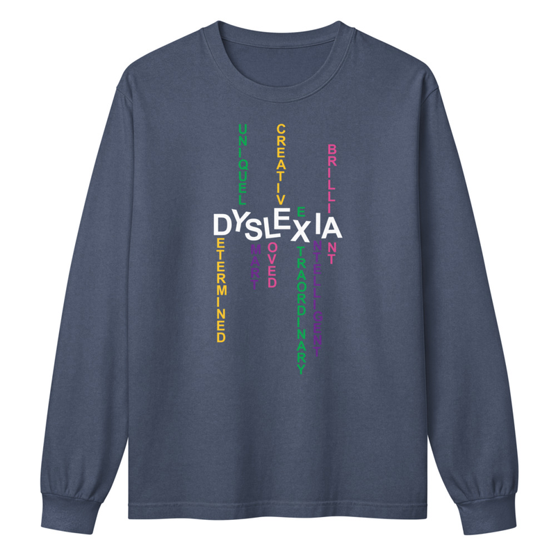 Unisex Long Sleeve Tee with Back Print | Dyslexia v2 – XL, Washed Navy