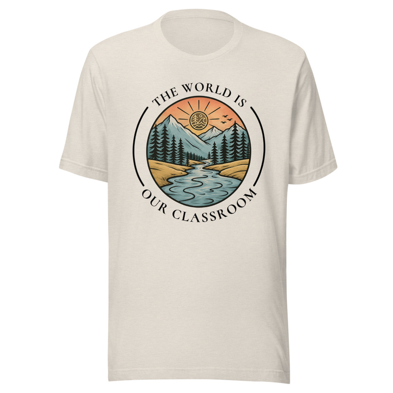 The World Is Our Classroom Tee – S, Heather Dust