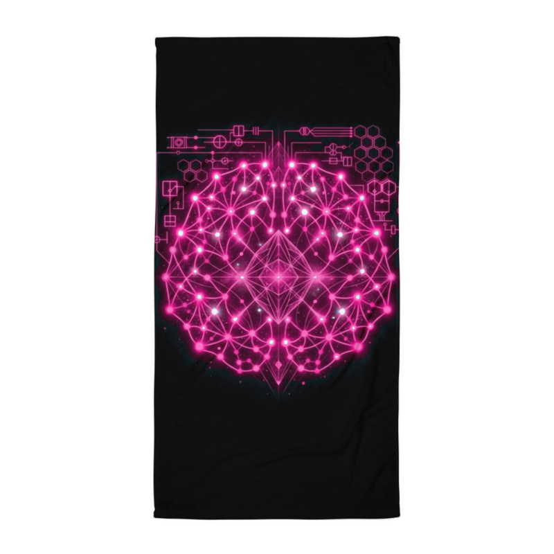 Uncle Benny ® Neural Link Sync IBM Quantum Computer Beach Towel Neon Pink EST. 2020