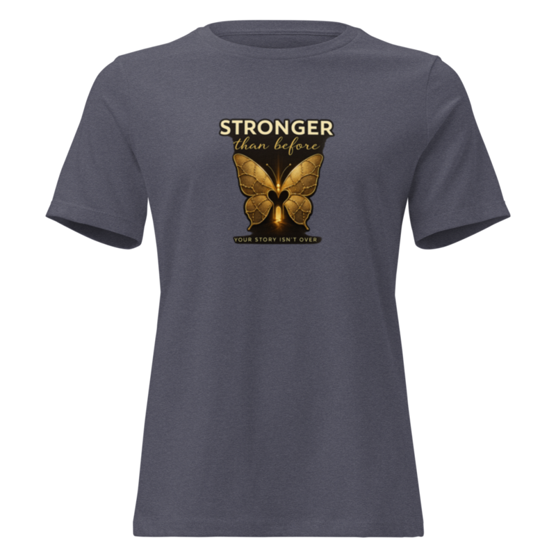 Stronger Than Before Butterfly Tee - "Your Story Isn't Over" Inspirational Women's Shirt – M, Heather Navy