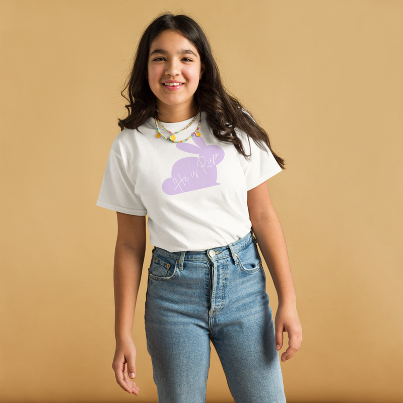 Easter He is Risen Youth T-Shirt | Seasonal Christian Easter Bunny – XL, White