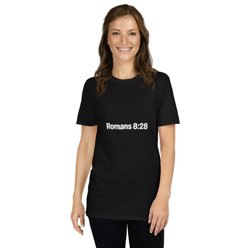 Romans 8:28 Minimalist Christian T-Shirt | Clean White Scripture Reference Unisex Graphic Tee