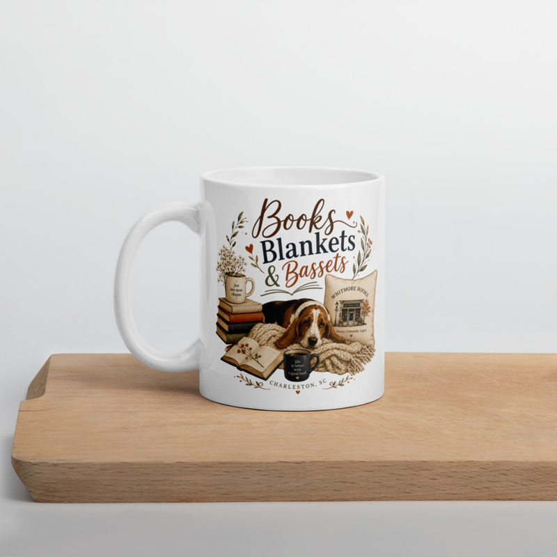 Books & Bassets White glossy mug