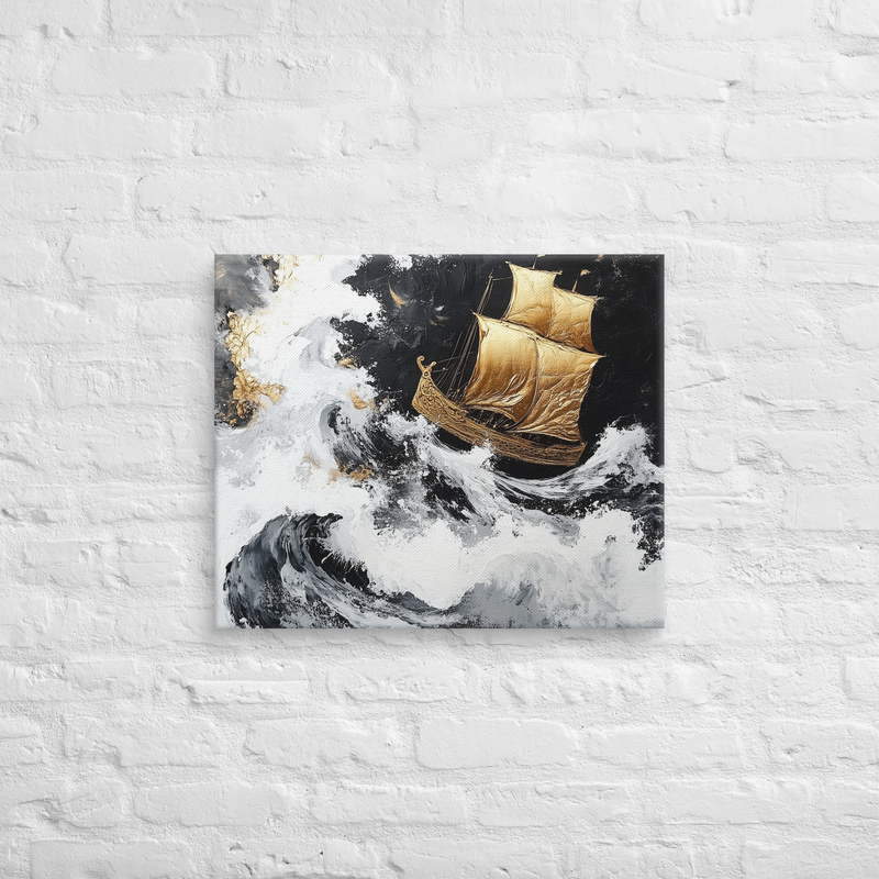 Black & White - Crashing Gold Waves - Modern Contemporary Seascape on Canvas