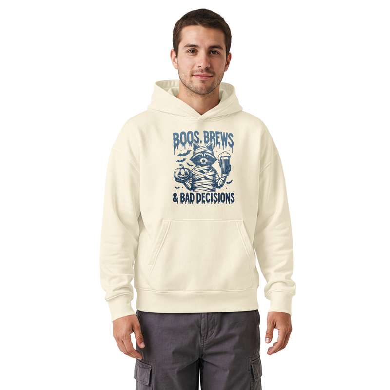 Funny Halloween Raccoon Unisex hooded sweatshirt Design, Boos Brews and Bad Decisions Mummy Graphic – view 2