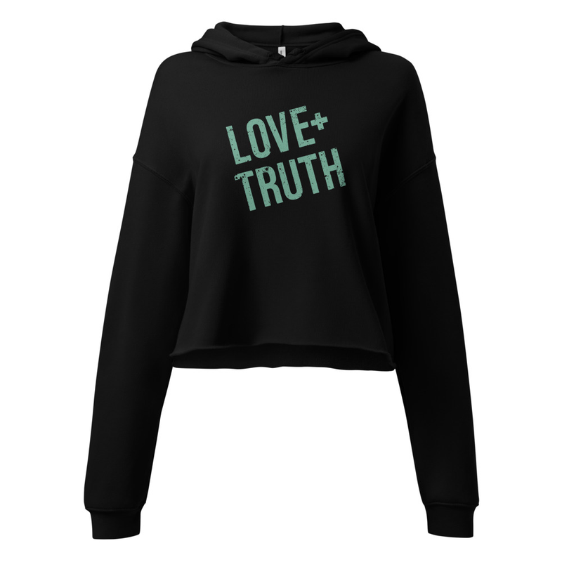 Vintage "Love+Truth" Women's Cropped Hoodie | Black (Turquoise logo)