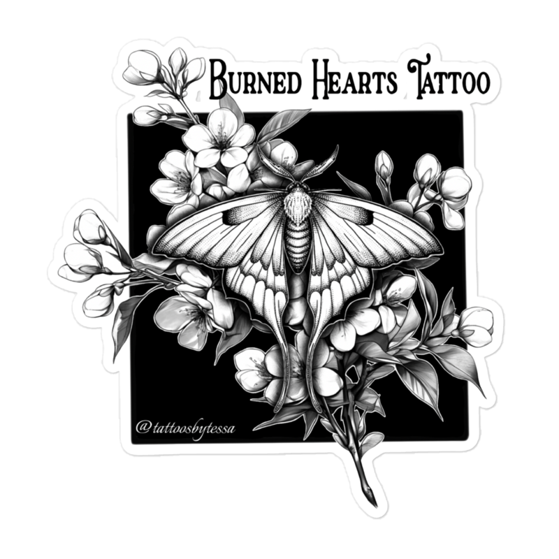 Burned Hearts Lunar Moth Sticker - by Tessa – 5.5″×5.5″, White