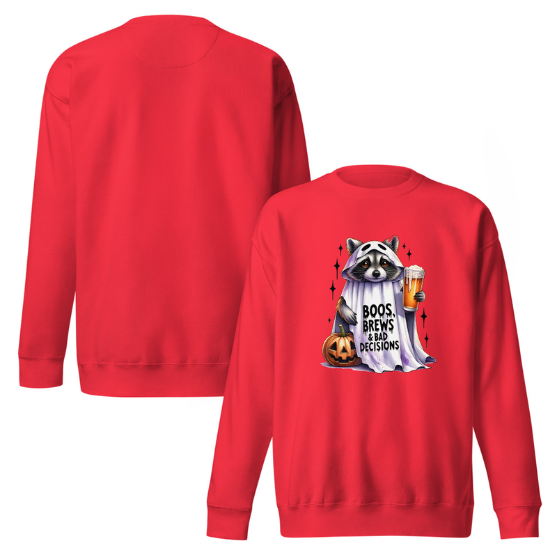 Funny Halloween Raccoon Unisex Premium Sweatshirt Design, Boos Brews and Bad Decisions Ghost Costume Graphic – view 3