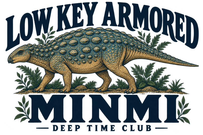 Close view of the original Low Key Armored Minmi Tote graphic