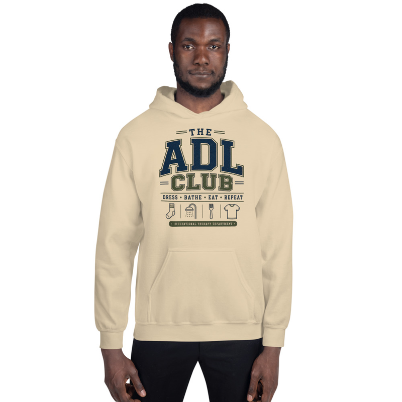 Hoodie: The ADL Club: Dress, Bathe, Eat, Repeat | Occupational Therapy Unisex Hoodie – 3XL, Sand